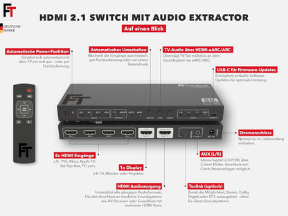 FeinTech SW411 HDMI 2.1 Switch 4-in-1 Out met audio-extractor voor geluidssystemen met HDMI-, Toslink- en AUX-ingang, ondersteunt 4K 120Hz & 8K