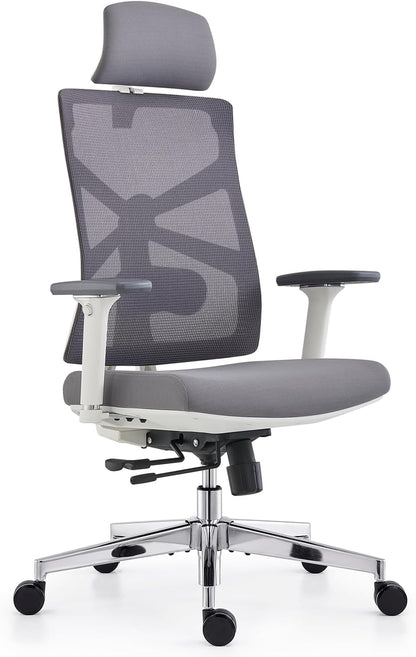Ergonomische bureaustoel met adaptieve rugleuning, hoge rugleuning computerbureaustoel met 4D-armleuningen, verstelbare zitdiepte, lendensteun en 2D-hoofdsteun, draaibare taakstoel, wit