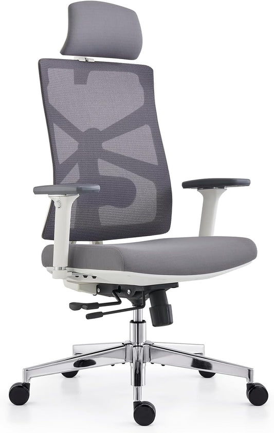 HOLLUDLE Ergonomische bureaustoel met adaptieve rugleuning, hoge rugleuning computerbureaustoel met 4D-armleuningen, verstelbare zitdiepte, lendensteun en 2D-hoofdsteun, draaibare taakstoel, wit