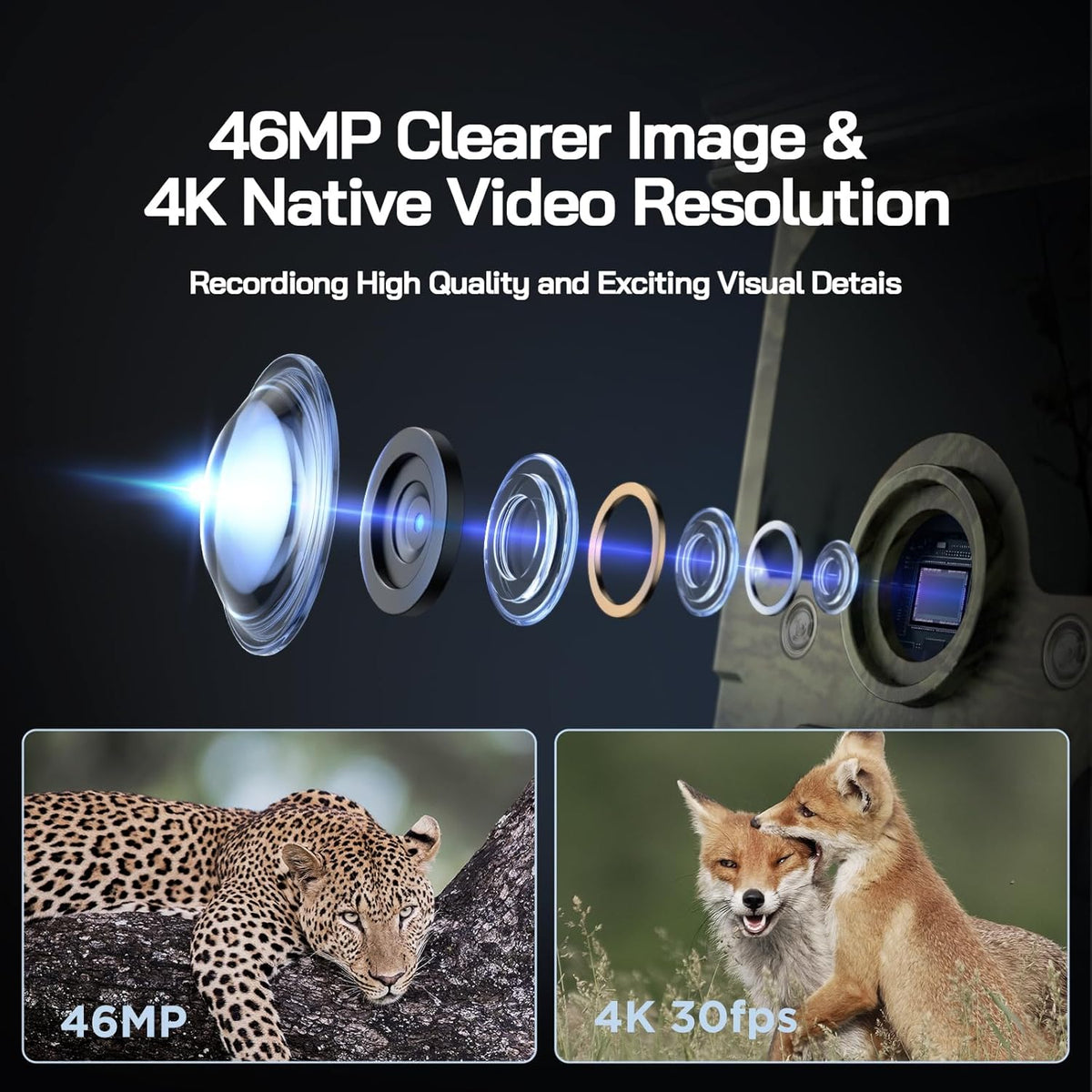 WOLFANG Solar Wildlife Camera 4K 68MP, WiFi Bluetooth Trail Camera met Nachtzicht Motion Activated 0.1s Trigger Time IP66 Waterdichte Game Camera voor Wildlife Monitoring met U3 32GB Micro SD-kaart