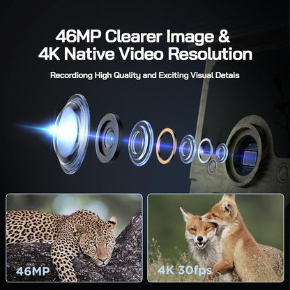 WOLFANG Solar Wildlife Camera 4K 68MP, WiFi Bluetooth Trail Camera met Nachtzicht Motion Activated 0.1s Trigger Time IP66 Waterdichte Game Camera voor Wildlife Monitoring met U3 32GB Micro SD-kaart