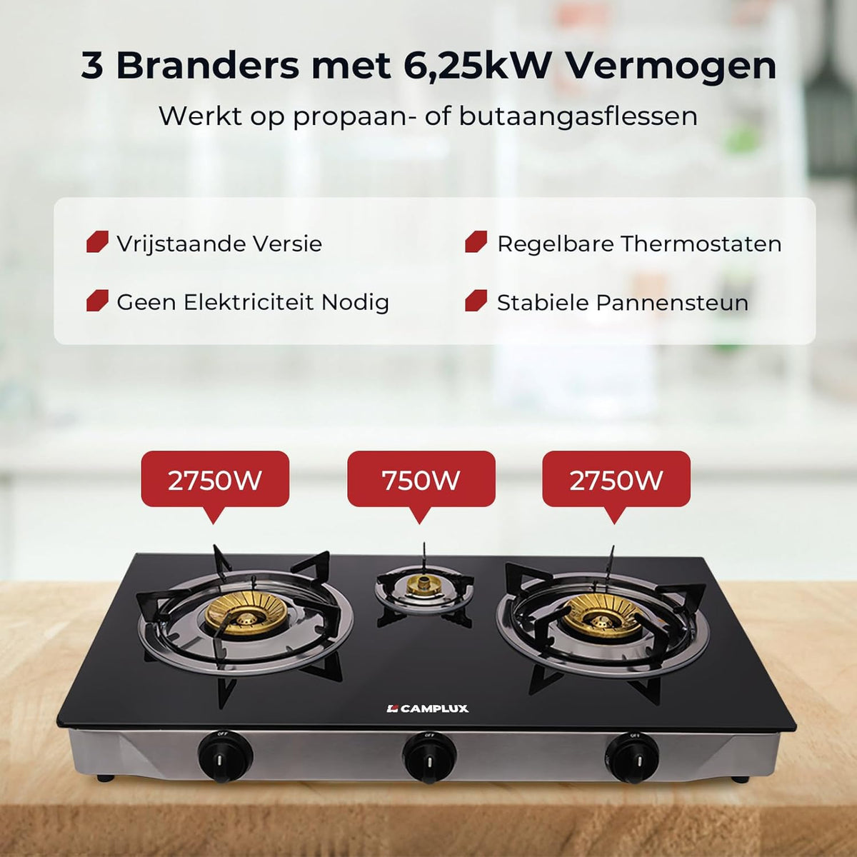 Draagbare Gaskookplaat – Gasstel – Campingkookplaat – Outdoor Kooktoestel – Gasfornuis – 3 Branders – 6250W Vermogen – Gehard Glasplaat