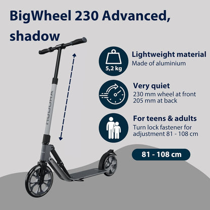 HUDORA BigWheel 230 Advanced Scooter, stabiele aluminium step voor maximaal 120 kg, stille en inklapbare citystep met standaard en bel, kickstep voor kinderen, jongeren en volwassenen
