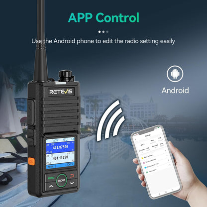 Retevis RB658 Bluetooth Walkie Talkie, Professionele Portofoon, APP-Instellingen, Groepsgesprek, 1800 mAh USB C, IP54, voor de Detailhandel (4-Pack, Zwart)
