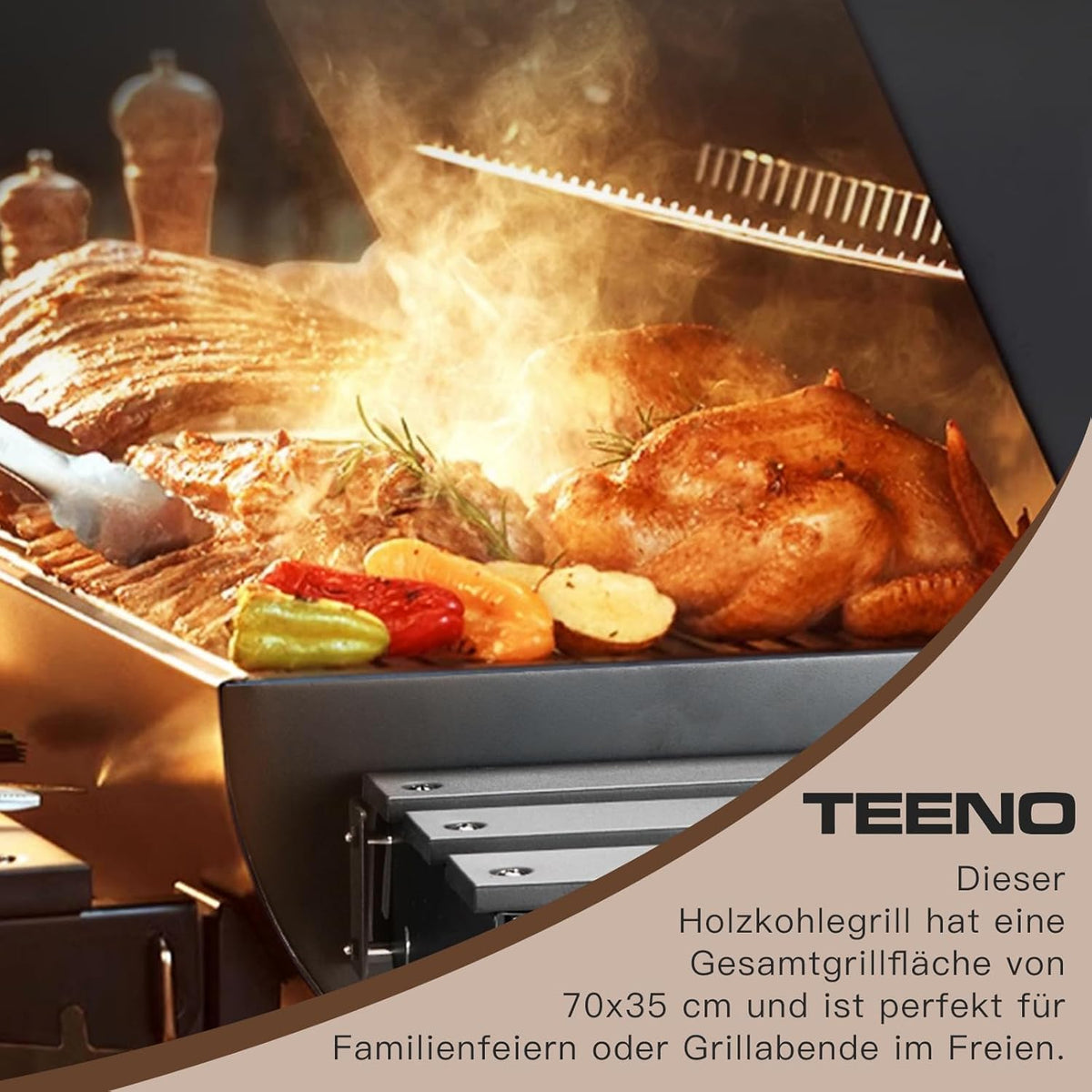 TEENO grill houtskoolgrill, met XXL-grillrooster, brandwondbestendige handschoen, thermometer, aslade, verstelbare bodem, grote houtskoolgrill (Basic)