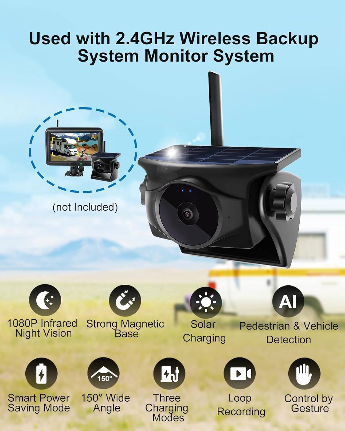 Draadloze Zonne Achteruitrijcamera Add-On, 1080P HD Nachtzicht, AI-Detectie, Magnetische Montage, 2,4 GHz Compatibel (Alleen Camera)