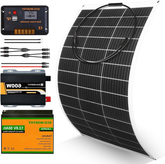 ECO-WORTHY Flexible solar panel 130 W 12 V complete set: solar panel + 50 Ah lithium battery + 600 W 12 V sine wave inverter + PWM regulator 30 A - QUORE