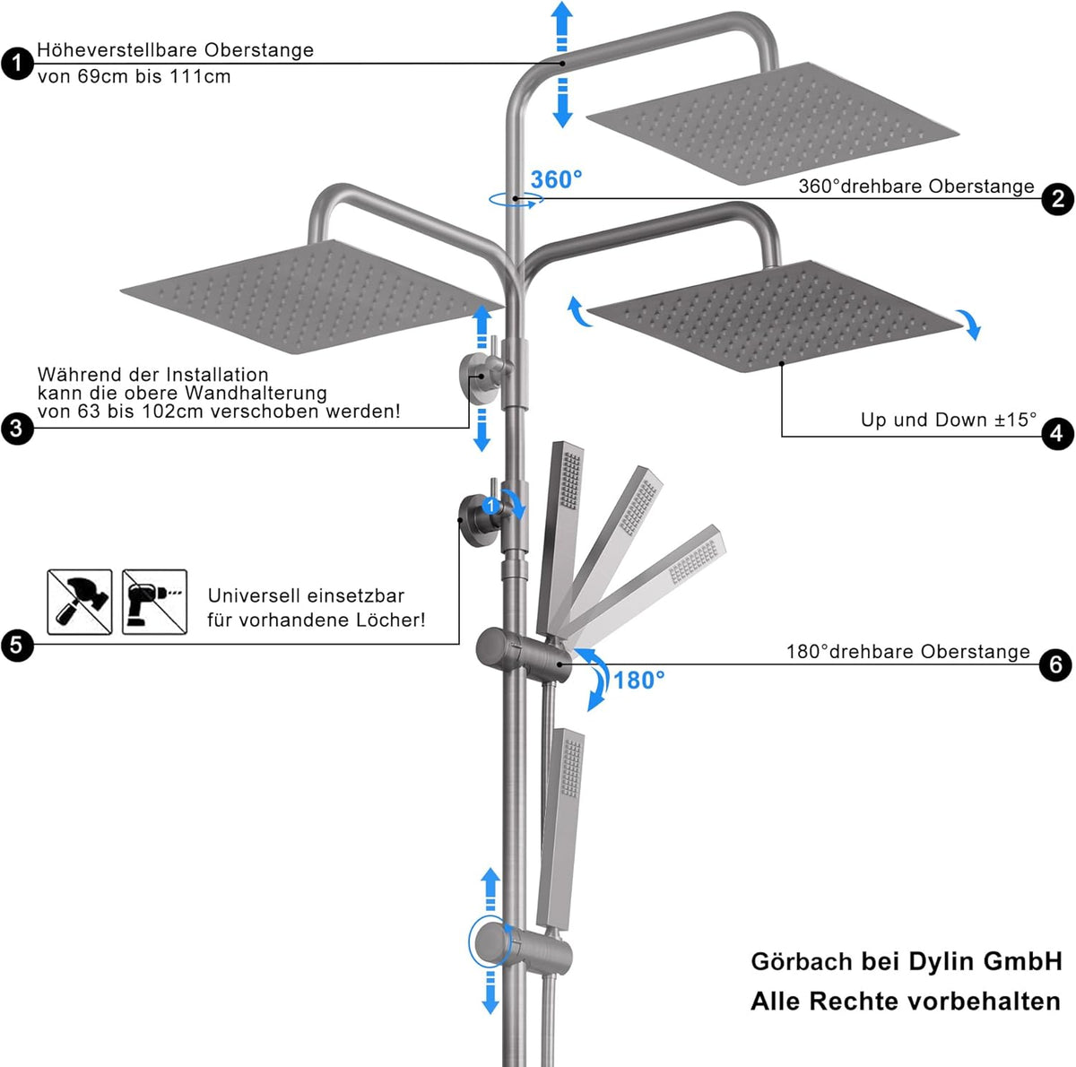 Douchesysteem – Regendouche – Thermostaatkraan – Douchekop – Doucheset – 30x30 cm XXL Regendouche – Roestvrijstalen Verstelbare Douchestang – 38°C Veiligheidsvergrendeling – Gunmetal Grijs