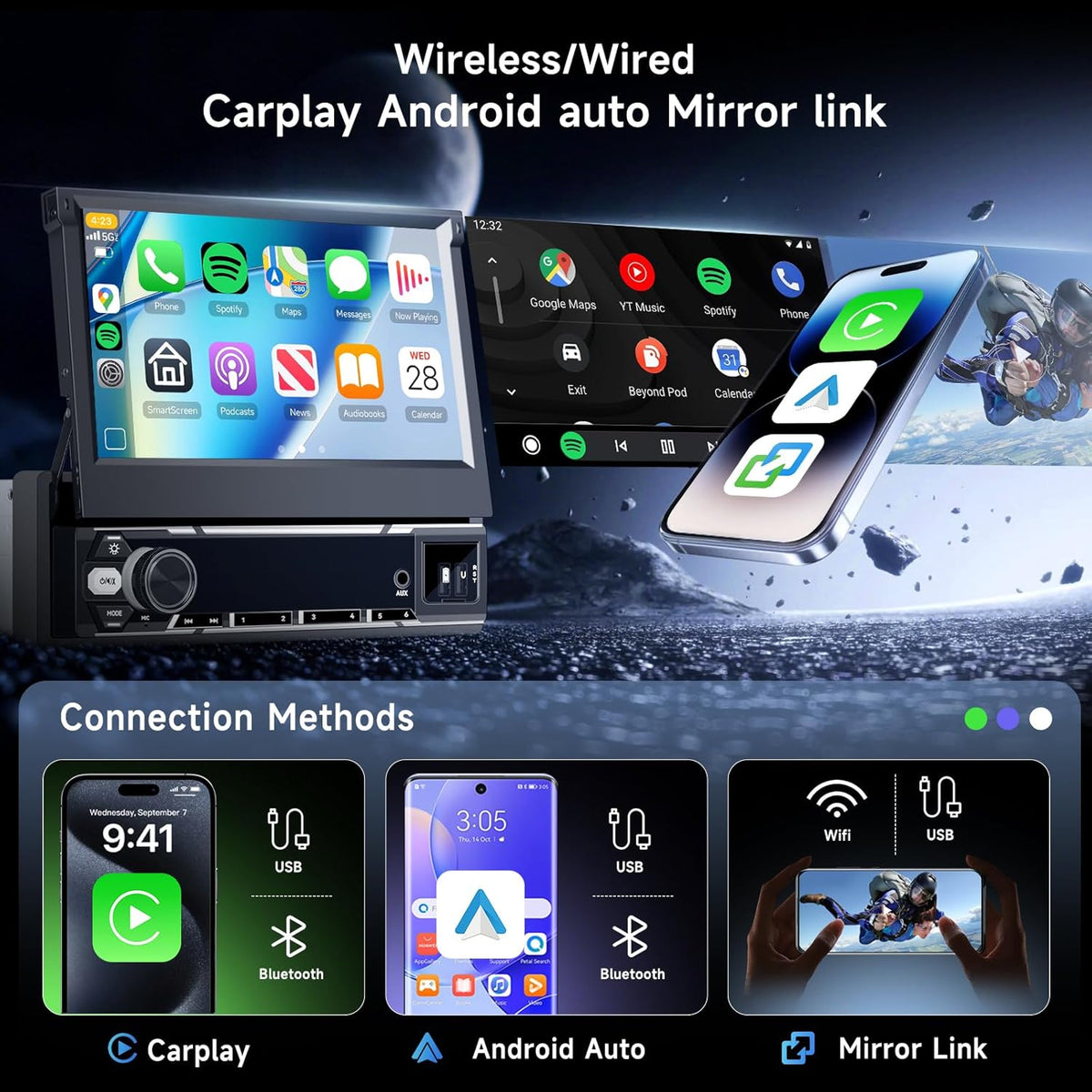 Hodozzy 6G + 128GB Android 15 autoradio, 1 Din scherm, uitschuifbaar met Carplay Wireless Android Auto, 7 inch touchscreen, navigatie, GPS radio met wifi, Bluetooth, FM/AM/RDS, DSP, USB en