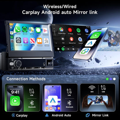 Hodozzy 6G + 128GB Android 15 autoradio, 1 Din scherm, uitschuifbaar met Carplay Wireless Android Auto, 7 inch touchscreen, navigatie, GPS radio met wifi, Bluetooth, FM/AM/RDS, DSP, USB en
