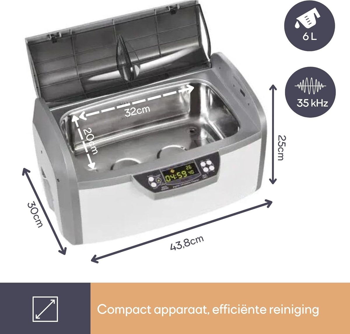 Ultrasoonreiniger – Ultrasone Reinigingsapparaat – Brillenreiniger – Sieradenreiniger – Gebitsreiniger – 6 Liter Capaciteit – Ontgassingsfunctie & Instelbare Timer en Temperatuur