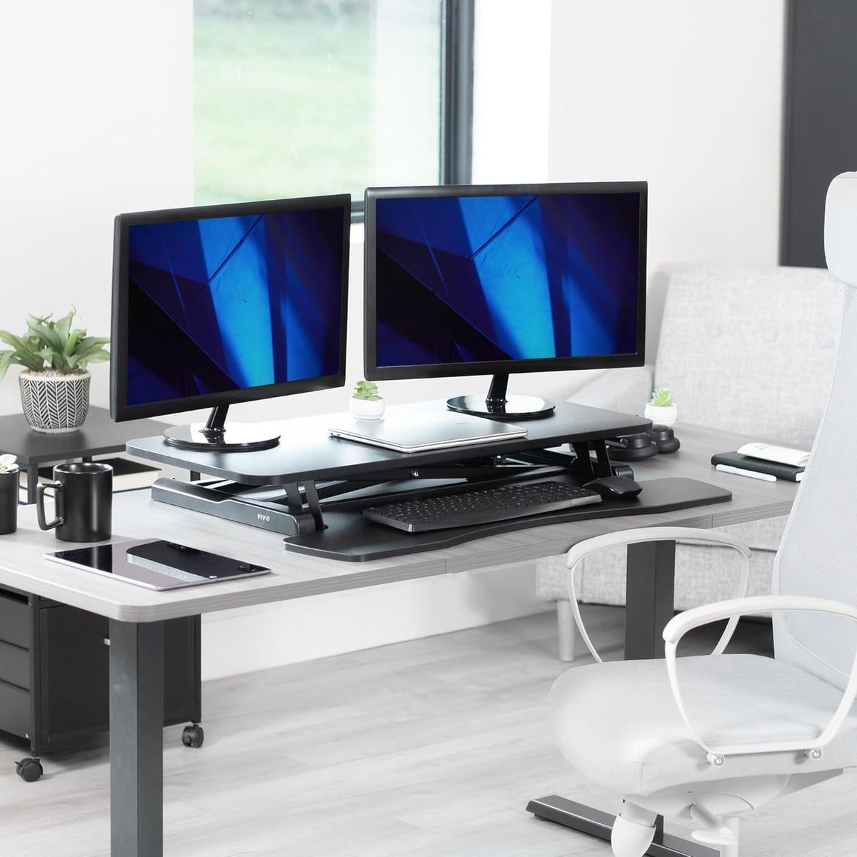 Vivo DESK-V036KB Height Adjustable Desk Attachment, Sit-Stand Dual Monitor Workstation and Laptop with Wide Keyboard Tray, Black, 36 Inch - QUORE