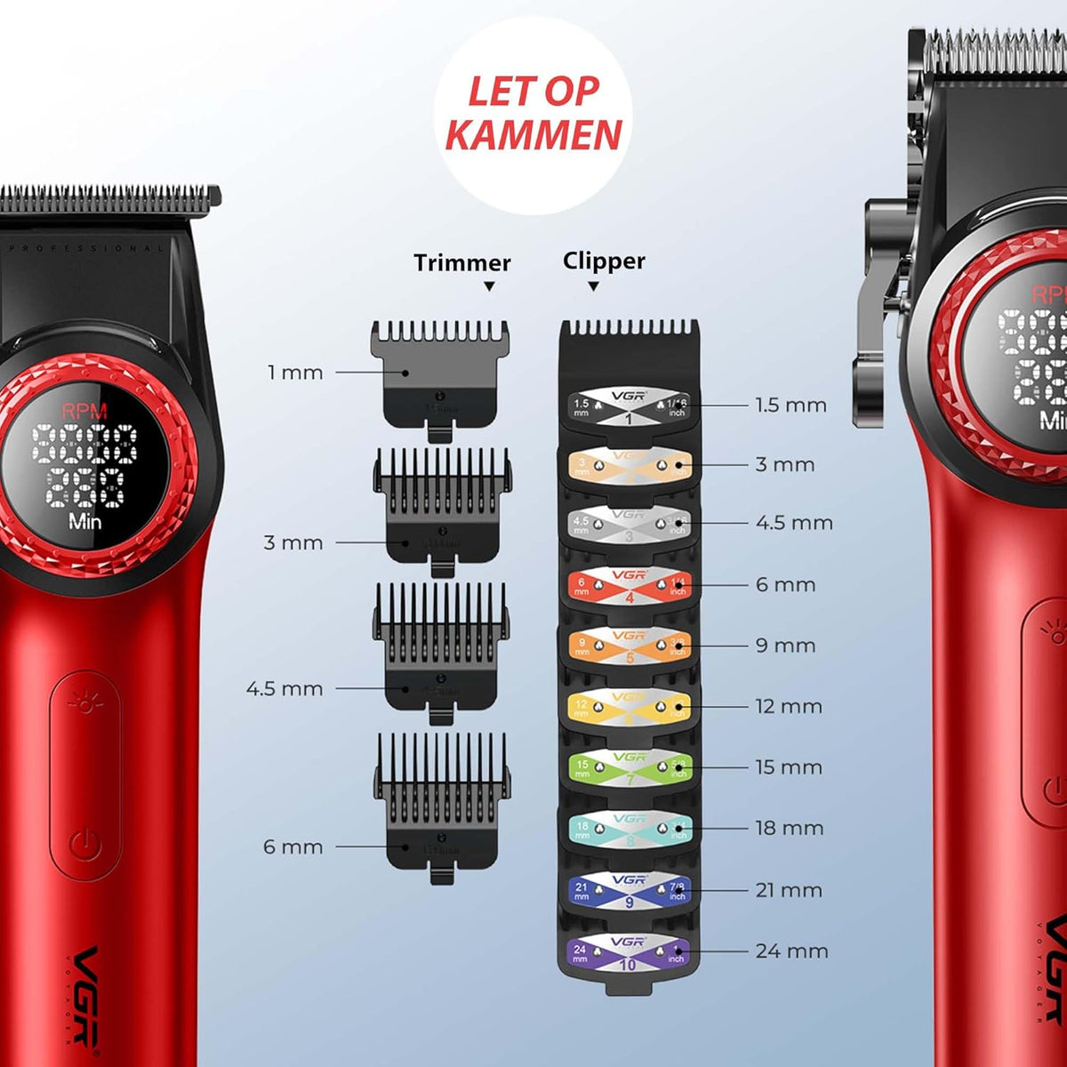 VGR 3 in 1 Professionele Tondeuse Set met Tondeuse, Trimmer, Foliescheerapparaat, Draadloze Haarknipset met Verbeterde Krachtige Motor, Geïntegreerd Oplaadstation, LED Scherm en Opbergdoos, Rood