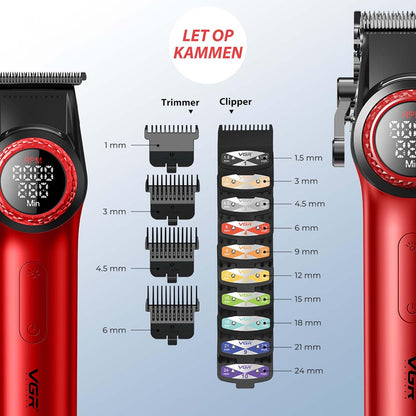 VGR 3 in 1 Professionele Tondeuse Set met Tondeuse, Trimmer, Foliescheerapparaat, Draadloze Haarknipset met Verbeterde Krachtige Motor, Geïntegreerd Oplaadstation, LED Scherm en Opbergdoos, Rood