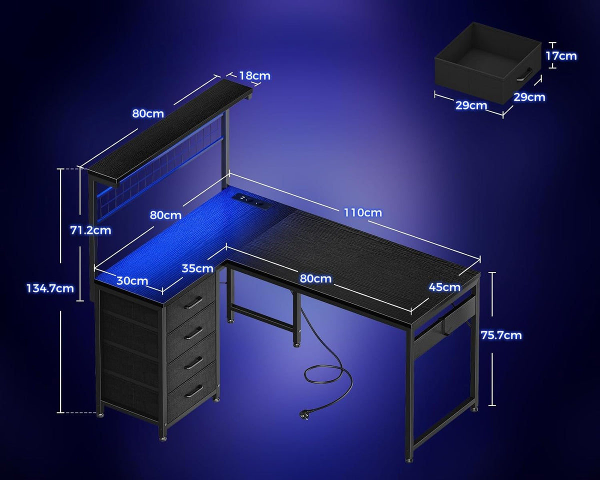 Coleshome Gamingbureau met led, omkeerbare gamingtafel met laden en stopcontacten, hoekbureau met opbergruimte (zwart, 110 x 80 cm)