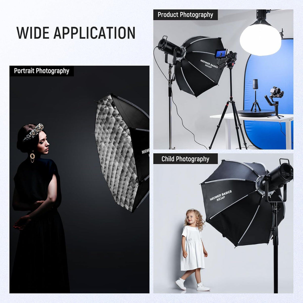 NEEWER BASICS Achthoekige Softbox Kit voor Studio Fotografie Video-opname Streaming, 35"/90cm Quick Release Bowens Mount Softbox/Grid/Lichtdiffusers/Bag, voor Continue Verlichting Strobe Flash, NS34P