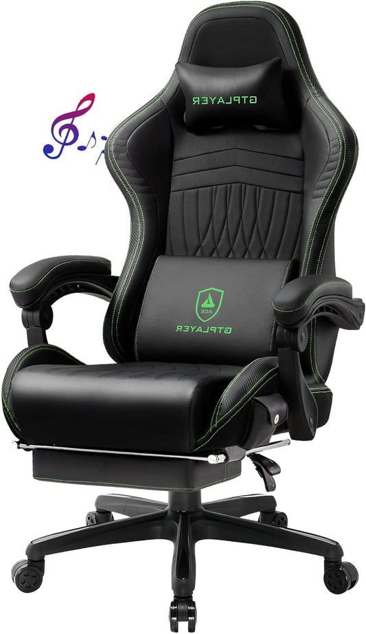 GTPLAYER Gaming Chair, Ergonomic Gaming Chair with Footrest, Speaker, Music, Maximum Load 150 kg, Black/Green - QUORE