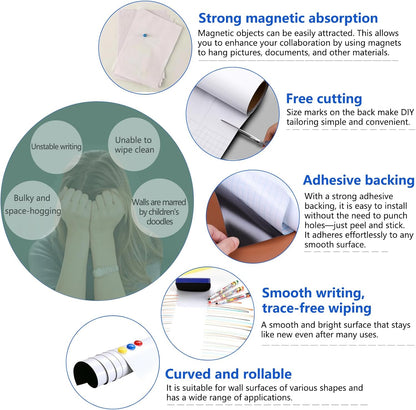 Whiteboard Folie, 300 * 100cm, magnetische zelfklevende whiteboard folie, Whiteboard Sticker DIY, inclusief marker, spons en magneten, voor school, kantoor en thuis