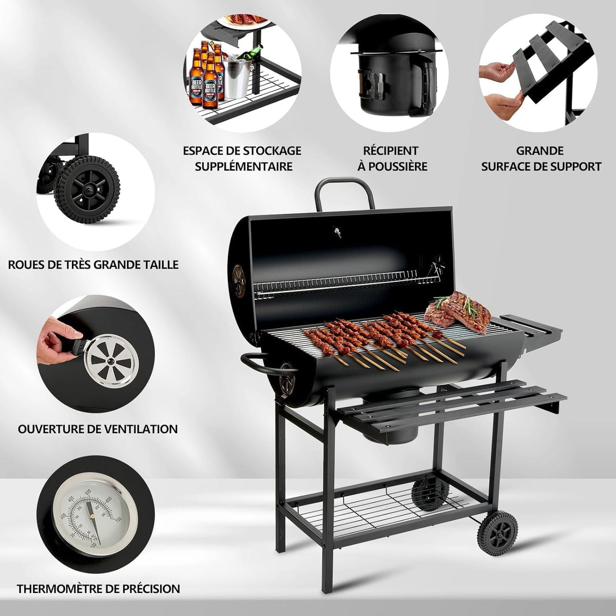 TEENO grill houtskoolgrill, met XXL-grillrooster, brandwondbestendige handschoen, thermometer, aslade, verstelbare bodem, grote houtskoolgrill (Basic)