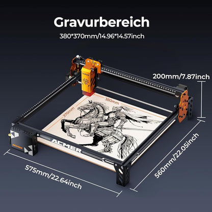 ACMER P1 S PRO 6W lasergraveermachine, graveeroppervlak van 380 × 370 mm,precisie van 0,01 mm. Zeer nauwkeurige lasergraveermachine voor doe-het-zelfprojecten in hout, metaal, acryl, leer, enz.