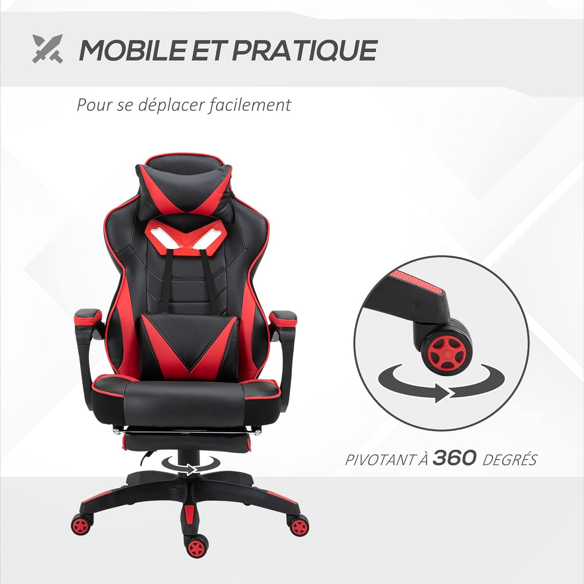 Vinsetto Ergonomic Gaming Chair, Comfortable Office Chair with Footrest, Headrest and Lumbar Cushion, Height Adjustable, Black and Red - QUORE