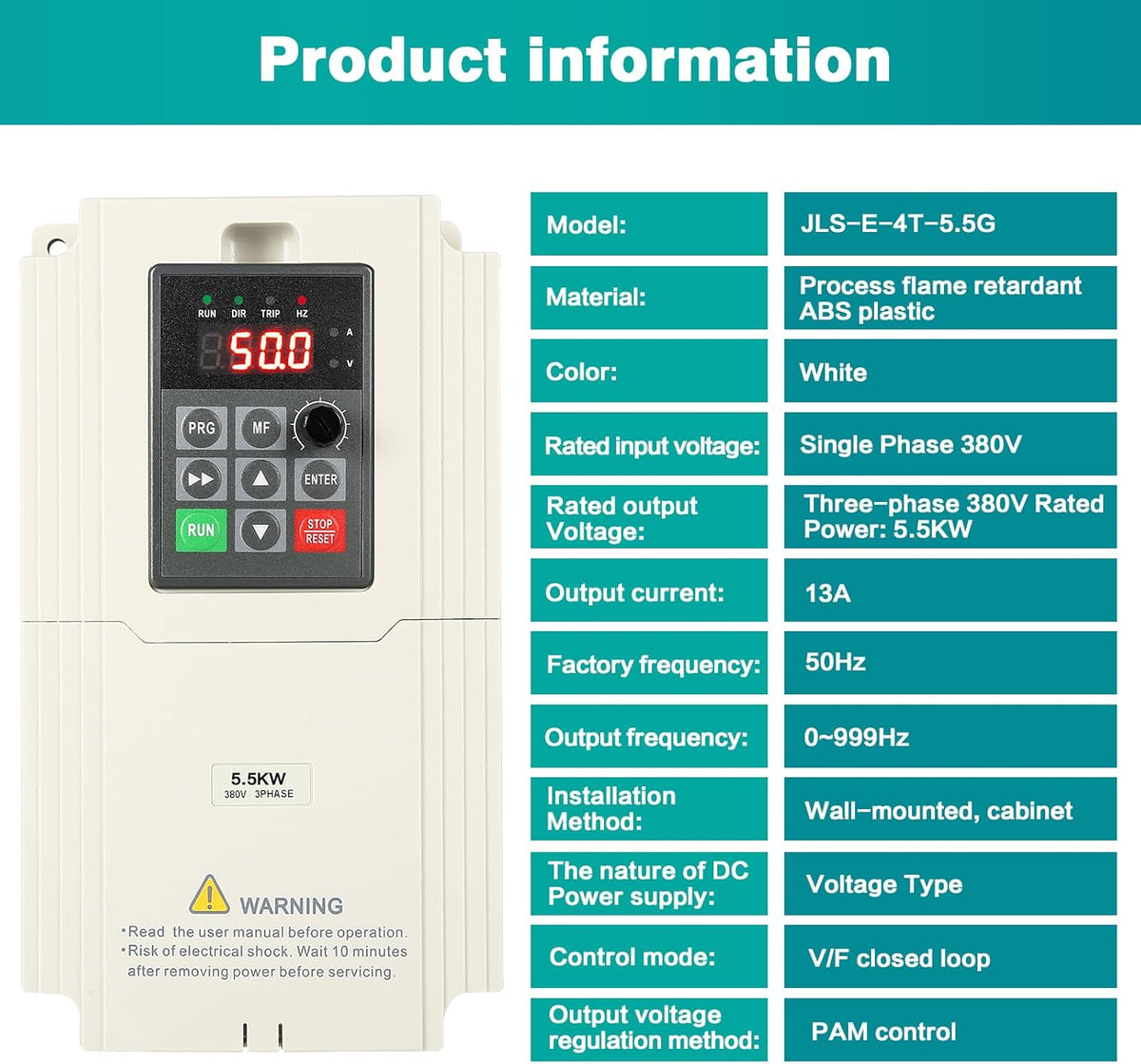 Frequentieomvormer, 380 V, 3 fasen, VFD, 5,5 kW, variabele driefasige motortoerentalregelaar, 3-fasen-ingang, 3-fasen-uitgang, CNC-frequentieomvormer voor waterpomp, ventilator