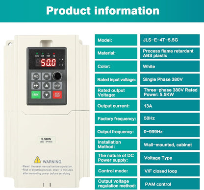 Frequentieomvormer, 380 V, 3 fasen, VFD, 5,5 kW, variabele driefasige motortoerentalregelaar, 3-fasen-ingang, 3-fasen-uitgang, CNC-frequentieomvormer voor waterpomp, ventilator