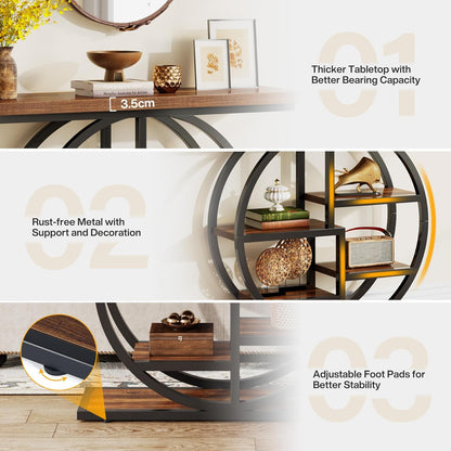 Tribesigns Console Table, 105cm Industrial 6 Tier Sofa Table, Entrance Table with Circle Base, Narrow Wooden Accent Tables with Storage Shelves for Living Room, Hallway, Foyer, Rustic Brown