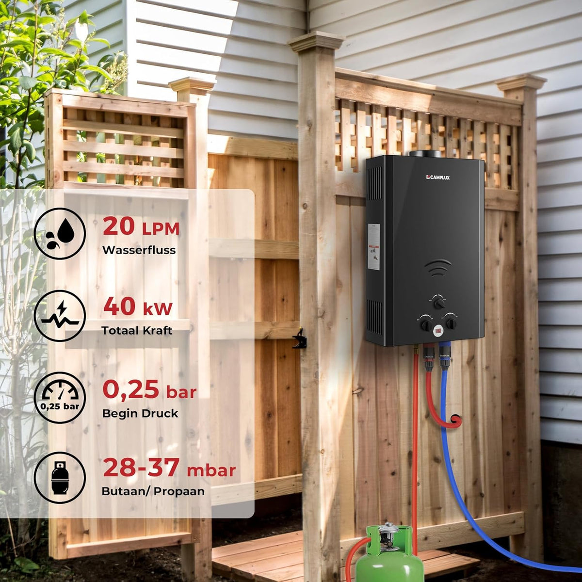 CAMPLUX Gas Boiler 20 L/min Tankless, voor Buitendouche, Camping, Butaan (28-30 mbar)/ Propaan (37 mbar), 40 kW