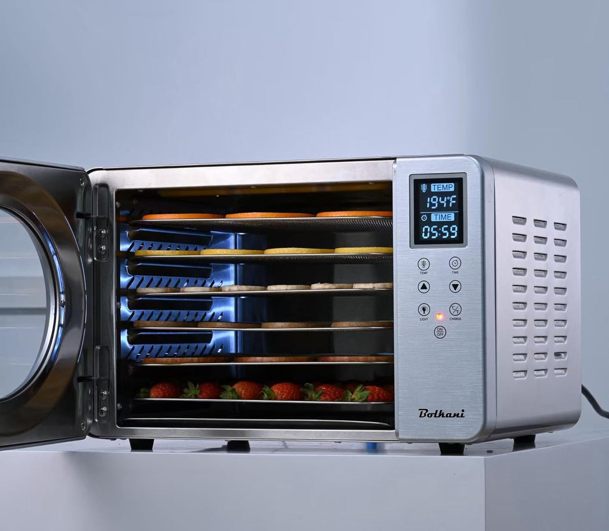 Voedseldroger van roestvrij staal, 6 tablets, 500 W, led-display, 30-90 °C, 24-uurs timer, stille werking, inclusief lekbak en droogmat voor fruit en vlees