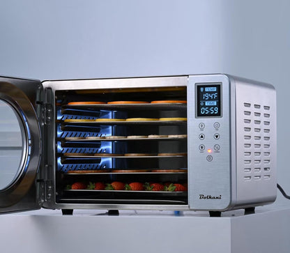 Voedseldroger van roestvrij staal, 6 tablets, 500 W, led-display, 30-90 °C, 24-uurs timer, stille werking, inclusief lekbak en droogmat voor fruit en vlees