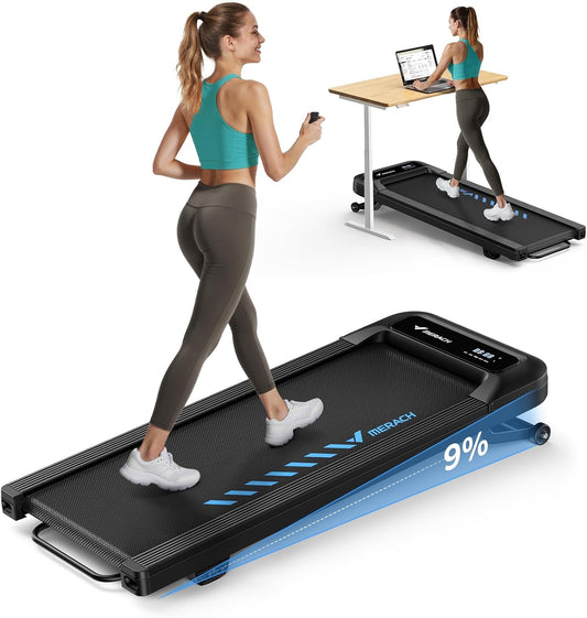 Merach Walking Pad, Treadmill and Walking Pad for Home Use with 9% Automatic Inclination, 1–6km/h, 2.5PK Desk Treadmill for Home and Office, Silent Fitness Device Up to 120KG, APP&Remote Control - QUORE