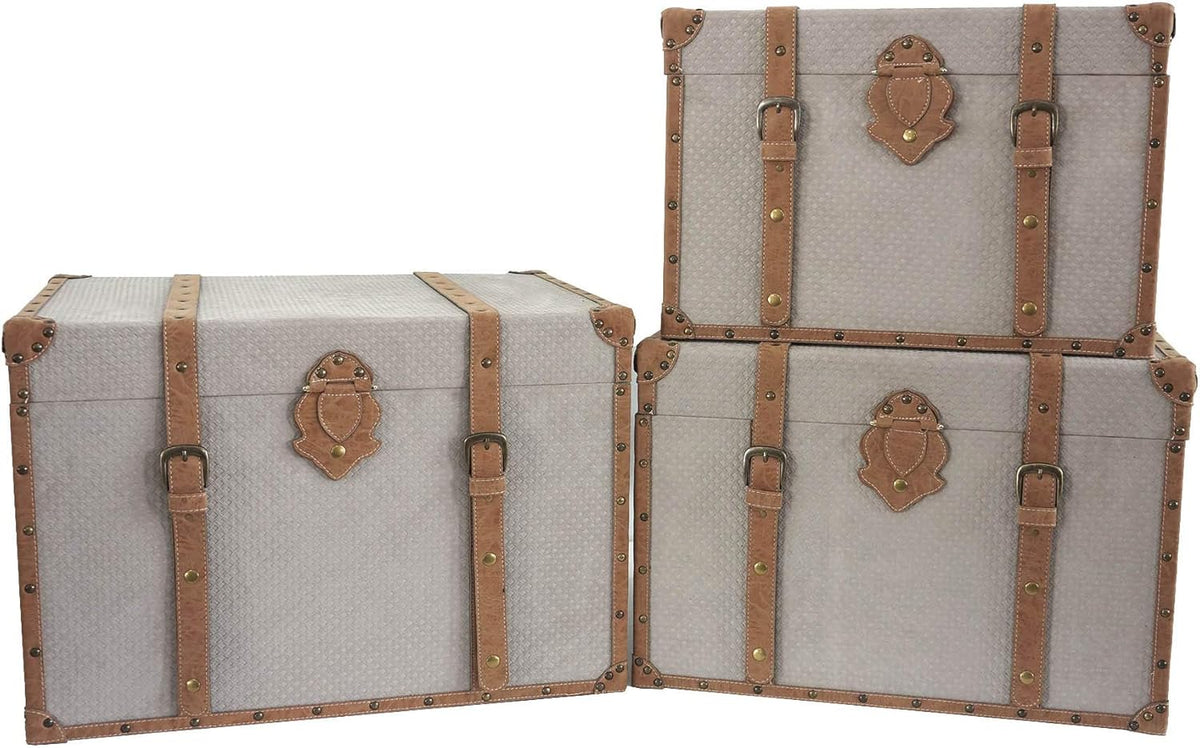 DRW Set van 3 kisten van kunstleer, grijs en bruin, 66 x 48 x 45/60 x 42 x 41/54 x 36 x 37 cm