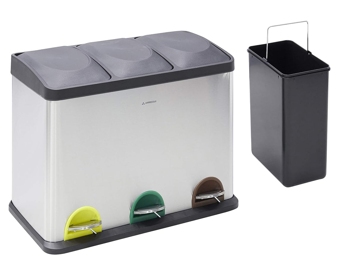 ARREGUI Step Bin CR705-45L Stalen Afval- en Recyclingbak met Pedaal | 3x15L (45L) | Keukenafvalbakken | Recycleeremmer voor Huis en Kantoor