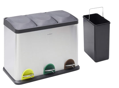 ARREGUI Step Bin CR705-45L Stalen Afval- en Recyclingbak met Pedaal | 3x15L (45L) | Keukenafvalbakken | Recycleeremmer voor Huis en Kantoor