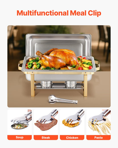 Buffetset – Buffetverwarmer – Chafing Dish – Warmhoudpan – Warmhoudset – Goudkleurig RVS – 2x 7,5 L + 4x 4 L Bakken