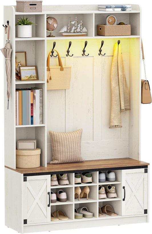 Hzuaneri Hallway tree, LED storage space and coat rack in wood, hall furniture with 7 hooks, hallway tree with bench and storage space, shoe bench with 6 storage compartments, rustic white HT24614XEU