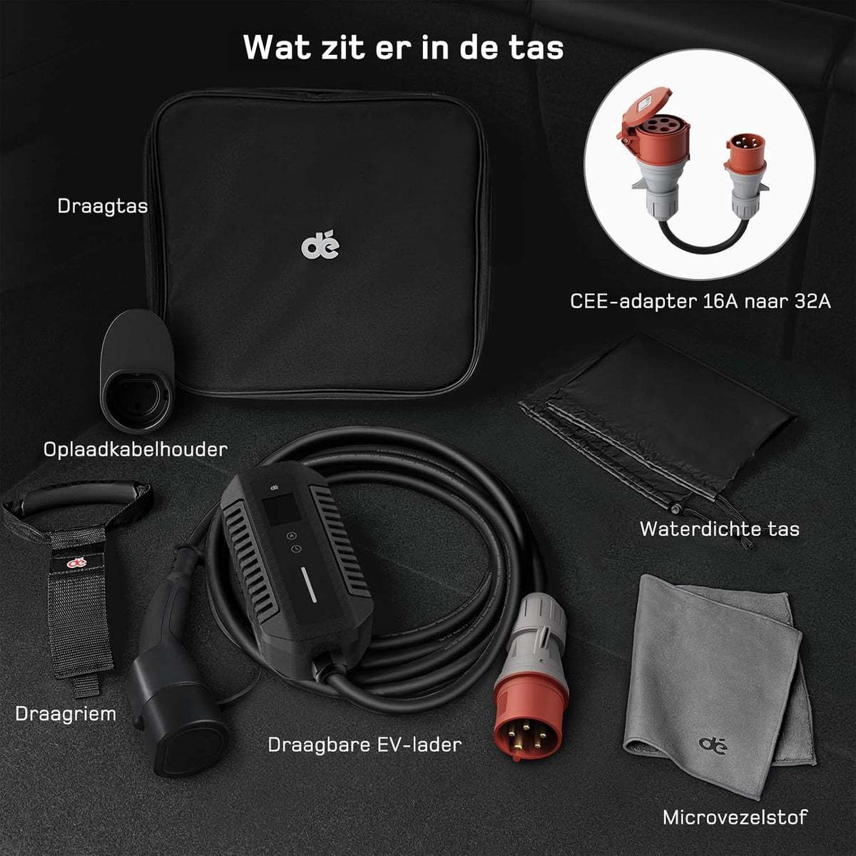 dé EV Charger Type 2 22kW [10m, 3-Fase, 6-32A] Mobile Wallbox 22kW met instelbaar laadvermogen, Laadstation voor model Y/3, ID.3/4/5, Enyaq, EX30/XC40, Niro en Andere EV&PHEV