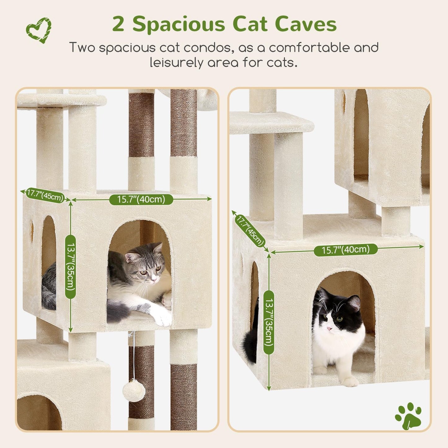Krabpaal – Kattenboom – Kattenhuis – Krabmeubel – Klimpaal – Grote Basis 72x45 cm – 2 Luxe Kattenhuisjes – Hoogte 156 cm – Stabiel – Sisal Krabpalen – Anti-Omval