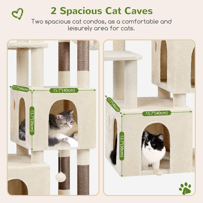 Krabpaal – Kattenboom – Kattenhuis – Krabmeubel – Klimpaal – Grote Basis 72x45 cm – 2 Luxe Kattenhuisjes – Hoogte 156 cm – Stabiel – Sisal Krabpalen – Anti-Omval