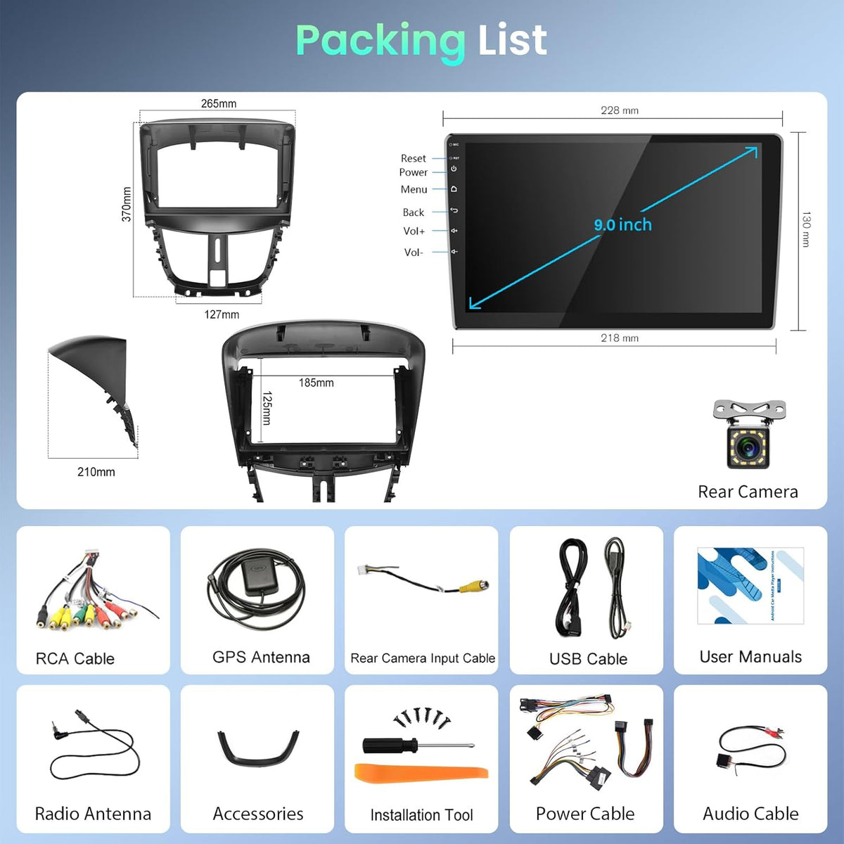 Podofo Android autoradio met GPS voor Peugeot 207 2006-2015, 9-inch touchscreen, wifi, Bluetooth, FM-radio, RDS, MirrorLink, USB-navigatie, videospeler voor Peugeot 207 + achteruitrijcamera