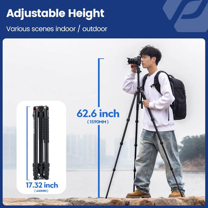 Camerastatief Met Kogelkop – Fotostatief – Reisstatief – Videostatief – Monopod – Horizontale Middenkolom 44 Cm – Verstelbare Hoogte 22,5 Tot 172 Cm