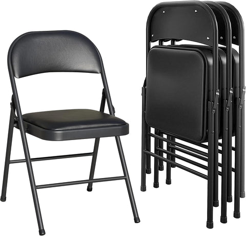 Klapstoel - Vouwstoel - Eettafelstoelen - Set van 4 - Opklapbare Stoelen - Draagbare - Makkelijk  Opbergbare - met Metalen Frame - voor Binnen - Buiten - Kantoor - Kamperen - Vinyl - 46 x 46 x 75 cm - Zwart
