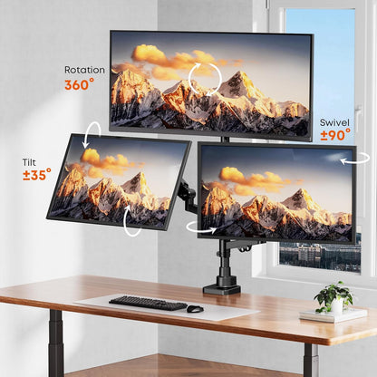 PUTORSEN monitorbeugel voor 3 monitoren voor 17-35 inch beeldschermen, monitorbeugel voor 3 monitoren in hoogte verstelbaar met 12 kg per arm, 80 cm stang, beeldschermbeugel zwenkbaar en kantelbaar