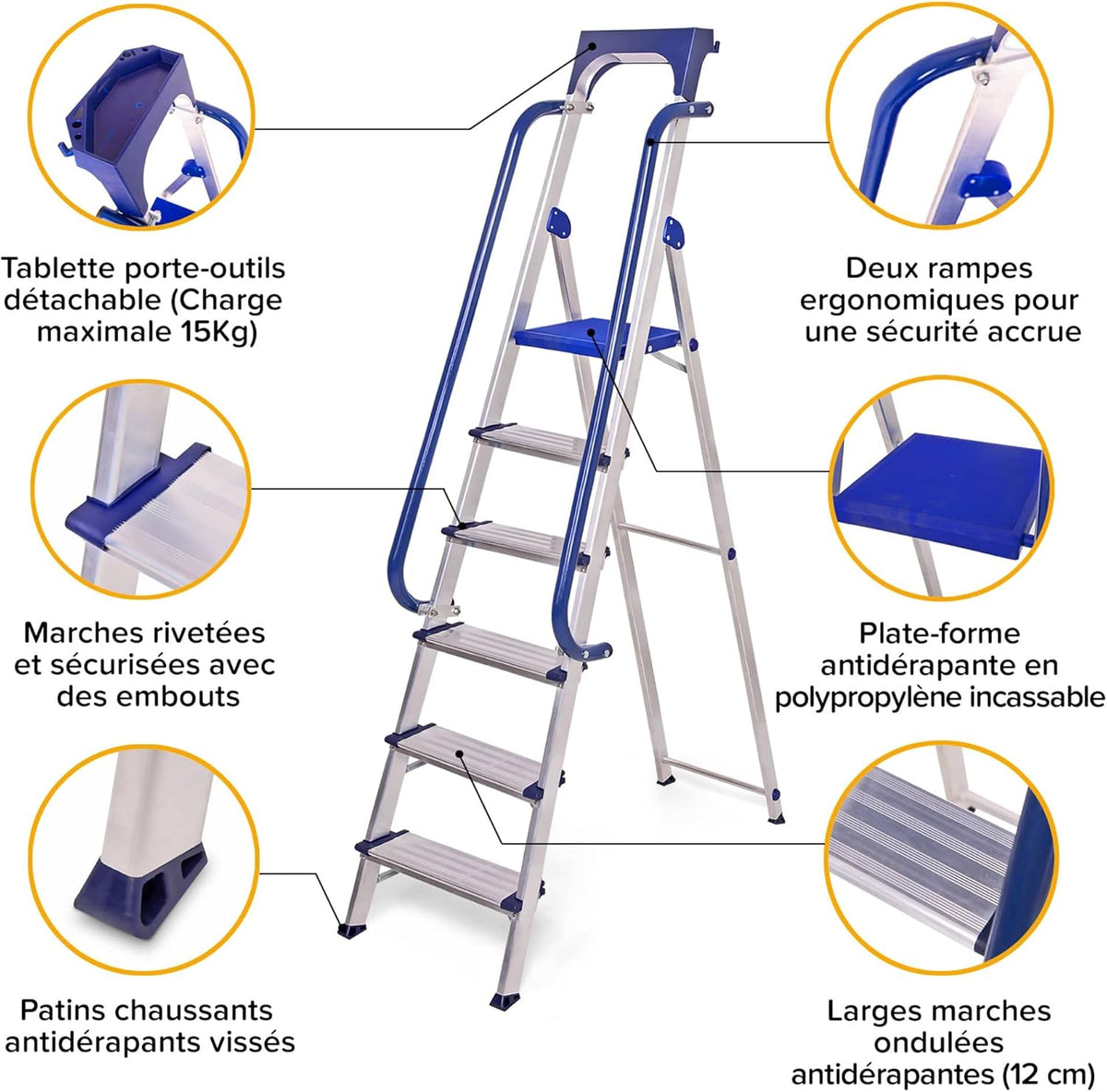 Hostrom Secure Hostrom Secure 6 treden, robuust aluminium, versterkt, leuning, afneembare gereedschapsschaal, platformhoogte 135 cm, draagkracht 150 kg