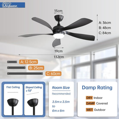 Sofucor Plafondventilator met verlichting en afstandsbediening, DC, 132 cm, 5 vleugels, timer, 3 kleurtemperaturen, 6 snelheden, zomer, winterwerking, stille plafondventilator met licht voor