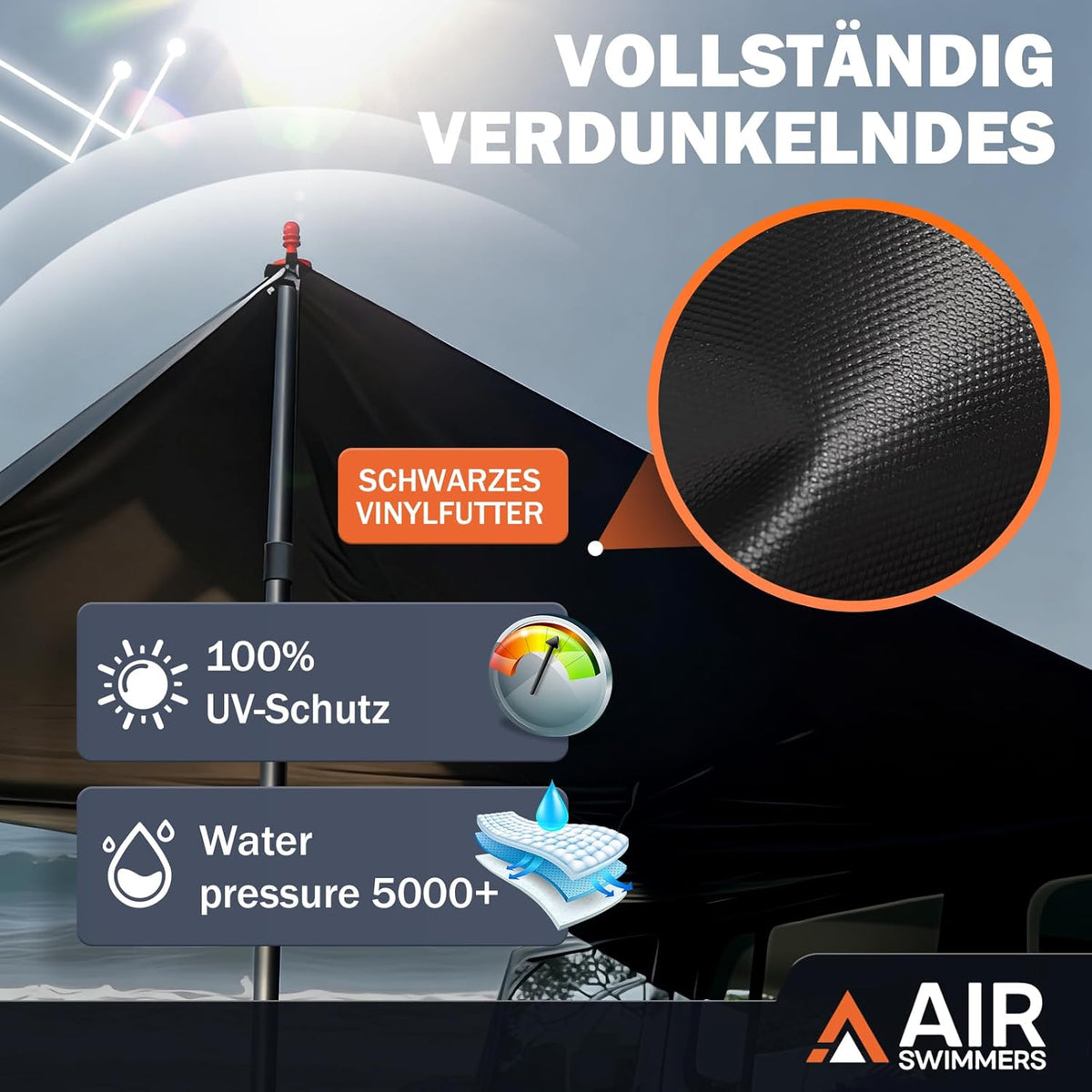 Zonnezeil met bies, luifel voor auto, V-w T5, camping, luifel, autoluifel, met kederrail (4-6 mm), T4, T6, waterdicht, anti-uv, tent stangen, zuignap