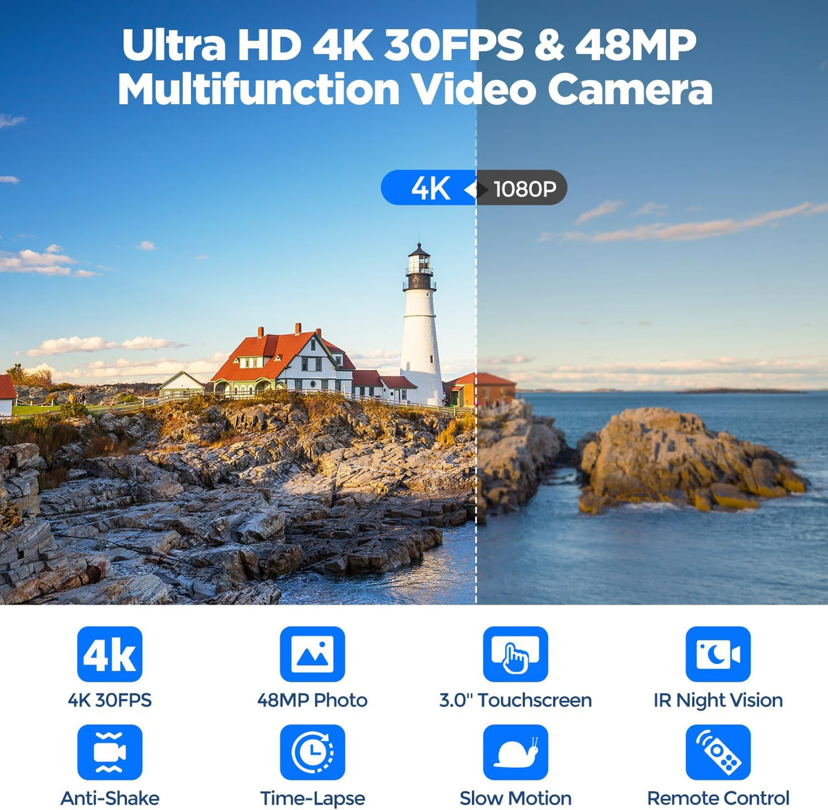 Camcorder 4K 48MP – Videocamera – Vlogcamera – YouTube Camera – Handycam – 3" IPS-Touchscreen 270° Draaibaar – IR Nachtzicht