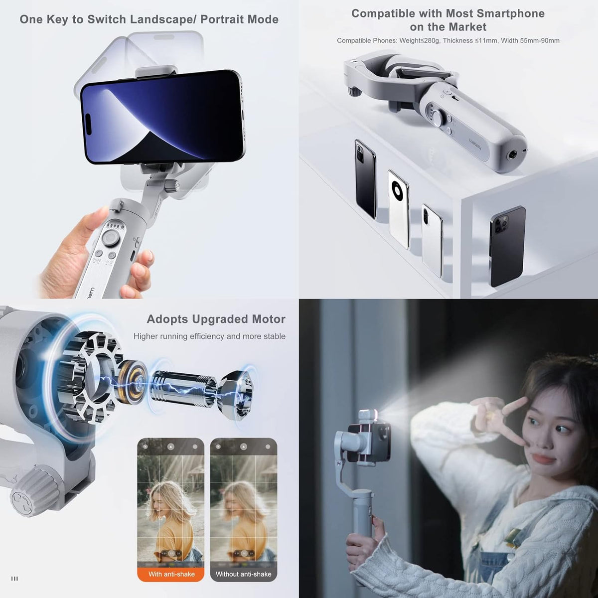 hohem iSteady XE Gimbal-stabilisator voor smartphone, 3-assige telefoonstabilisatoren met statief voor video-opname, 280 g laadvermogen vervanging voor iPhone 14 Pro/13/12/11 met vullicht