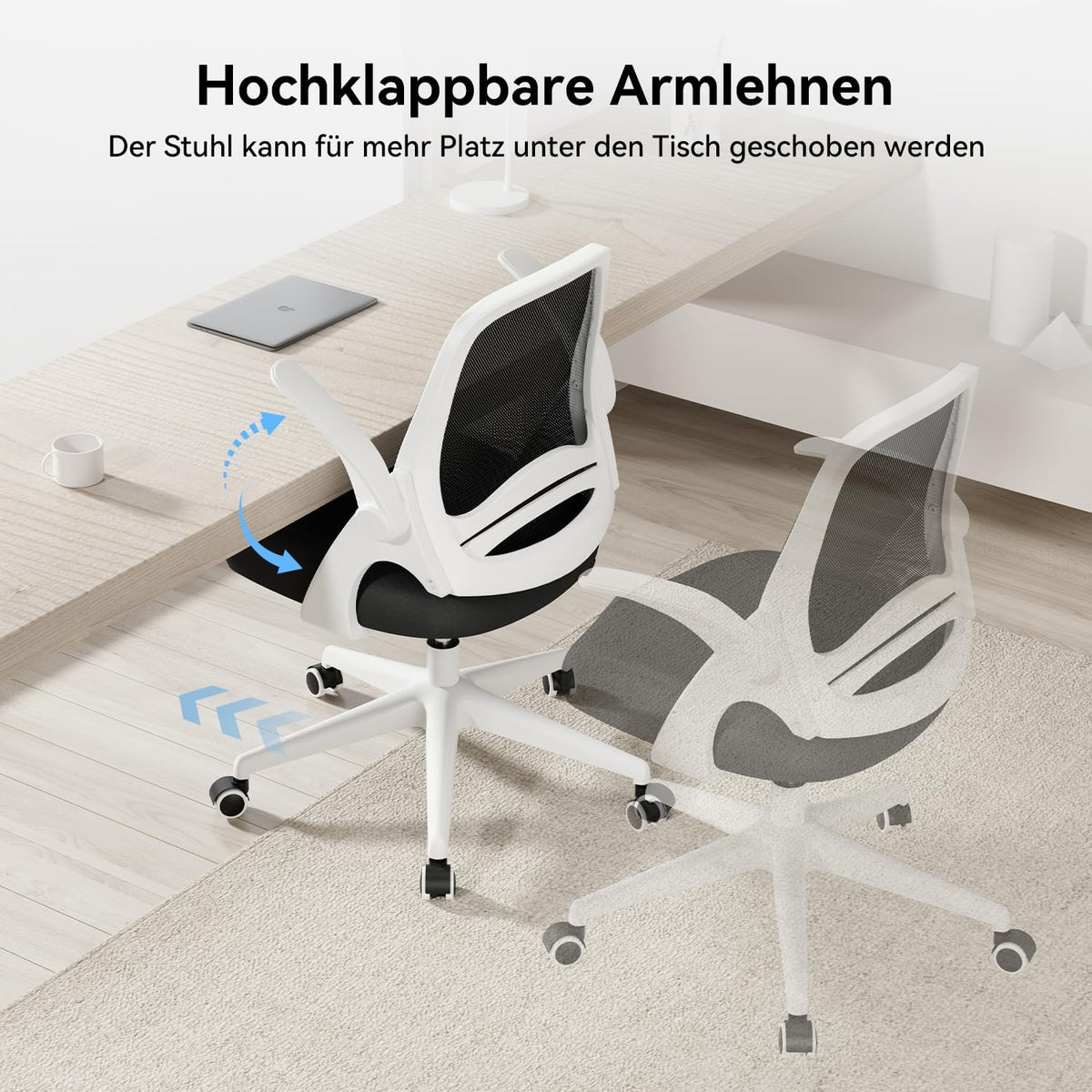 Hbada Bureaustoel Opklapbare Armsteun Ergonomische Bureaustoel Compact 120 ° Vergrendeling 360 ° Rotatie Zitting Oppervlaktelift Versterkte Nylonharsbasis, Wit